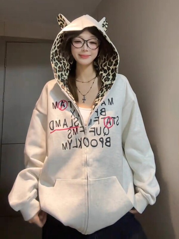 美式复古豹纹耳朵拼接连帽卫衣男女2025宽松设计感小众开衫外套秋|undefined