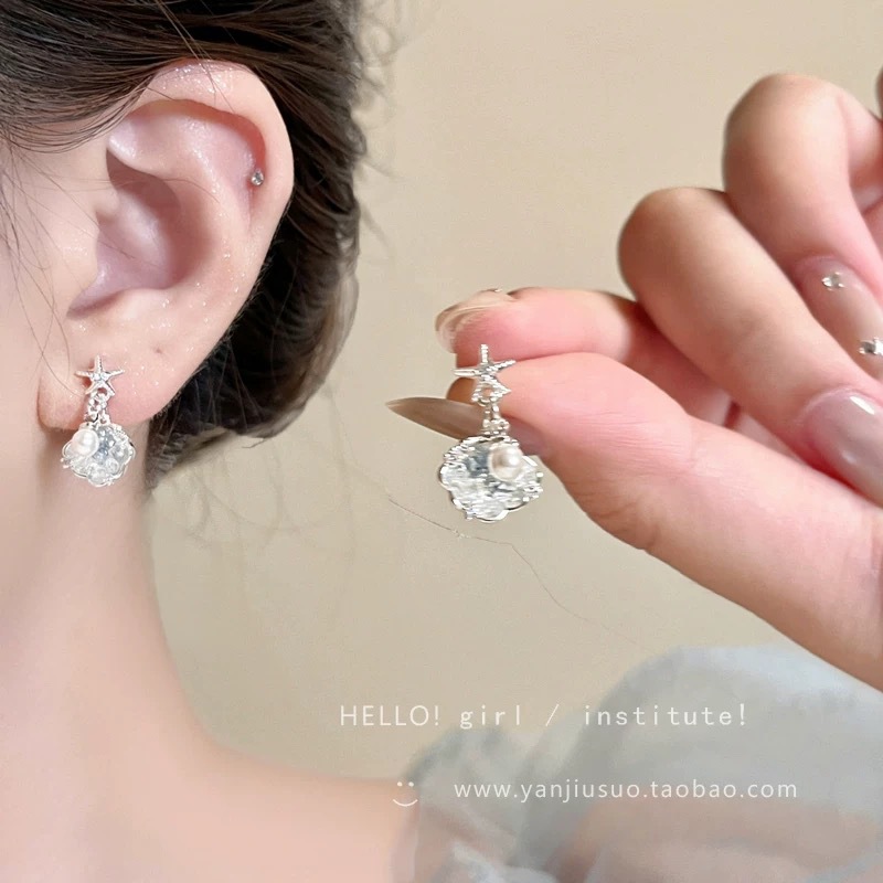 19 # Shell clear diamond pearl starfish stud earrings