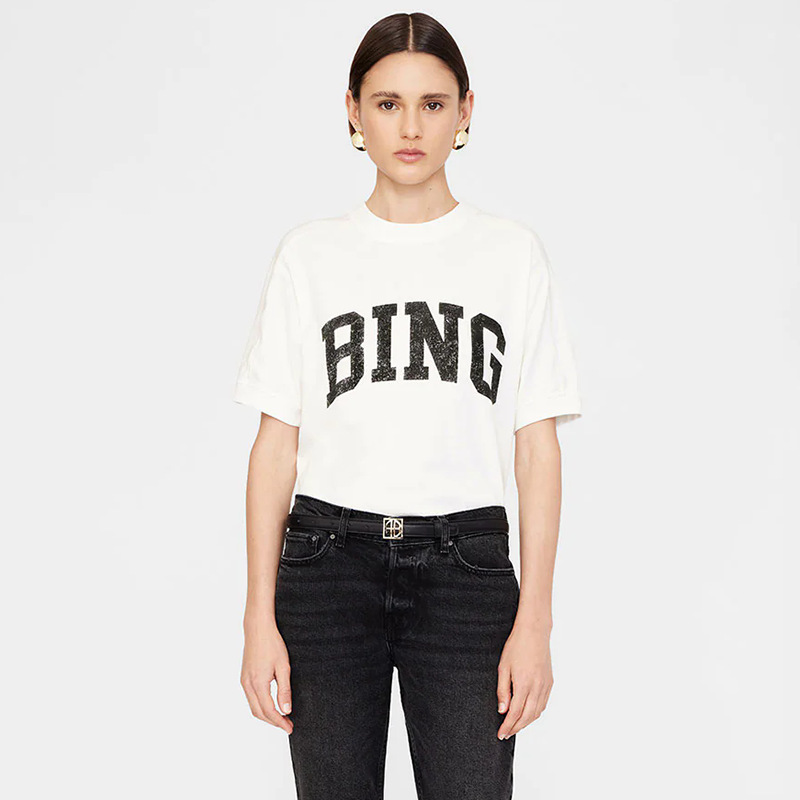 04 Summer New North American Niche AB Classic Letter BING Sand Dot Print White Cotton Women's Short Sleeve T-Shirt