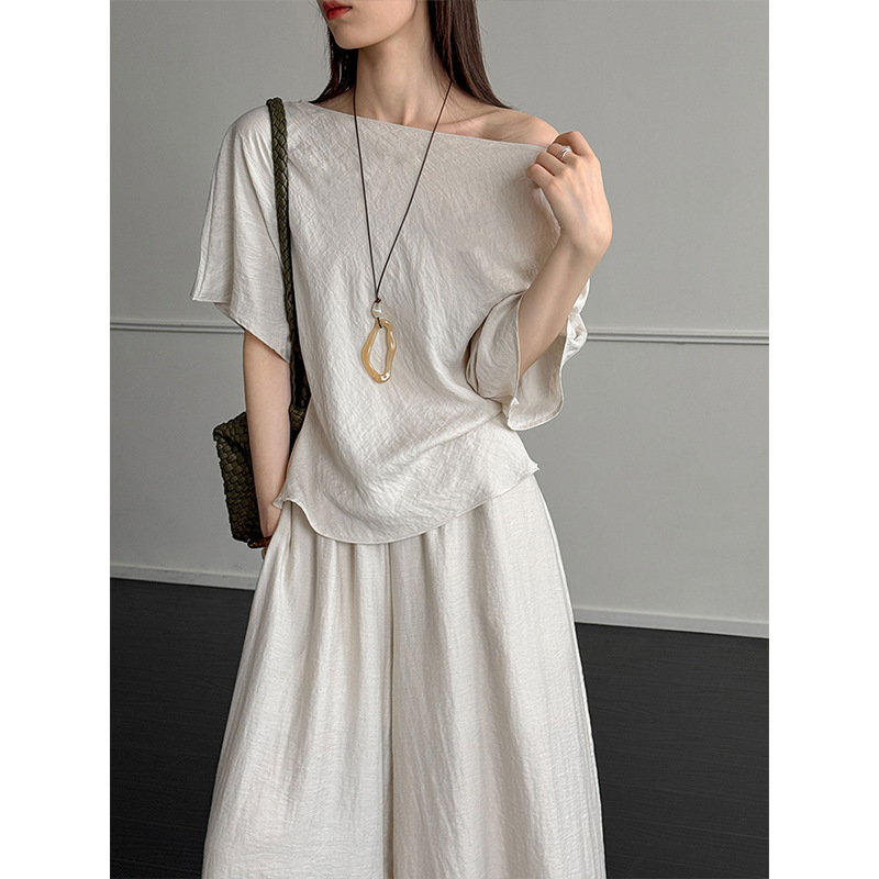 Orange and White Summer Korean-Style Off-Shoulder Top for Women, Fashionable High-Waisted Wide-Leg Pants, Linen Two-Piece Set 9757, Slightly Plus-Size, Lazy Style Orange and White Summer Korean-Style Off-Shoulder Top for Women, Fashionable High-Waisted Wide-Leg Pants, Linen Two-Piece Set 9757, Slightly Plus-Size, Lazy Style