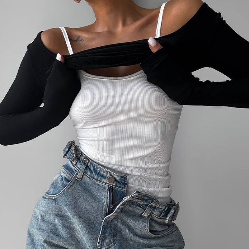 Damenbekleidung, europäisch-amerikanischer Patchwork-Cardigan, T-Shirt, zweiteiliges Set, Farbblock, Langarm, Herbstdesign, sexy_voghion.com