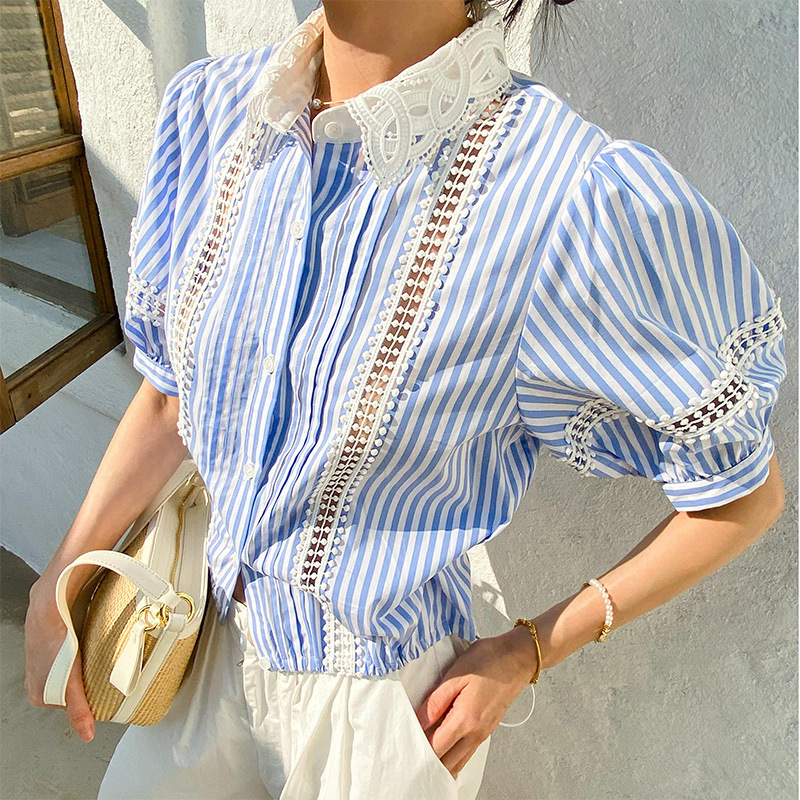 Socialite Style French Style Shirt Women's Short-sleeved Summer New Design Sense European Fashion Southern Oil Women's Striped Shirt for Summer