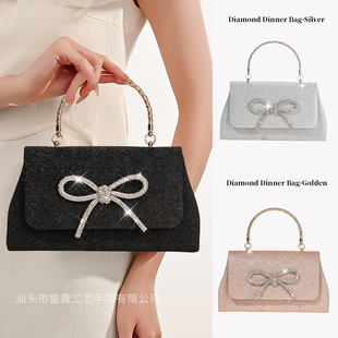 Cross-border e-commerce in stock new diamond bowknot handbag niche glitter hand carrying fashion simple dinner women's bag