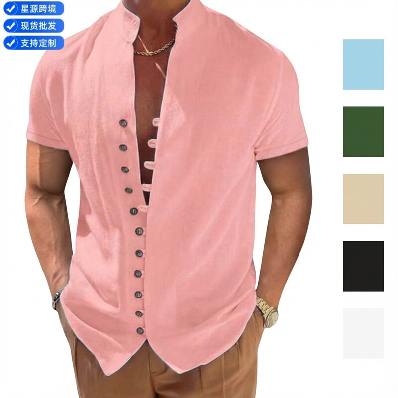 2026 Summer Cross-Border Amazon Aliexpress European and American Men's Vintage Cotton and Linen Button Stand Collar Short Sleeve Shirt