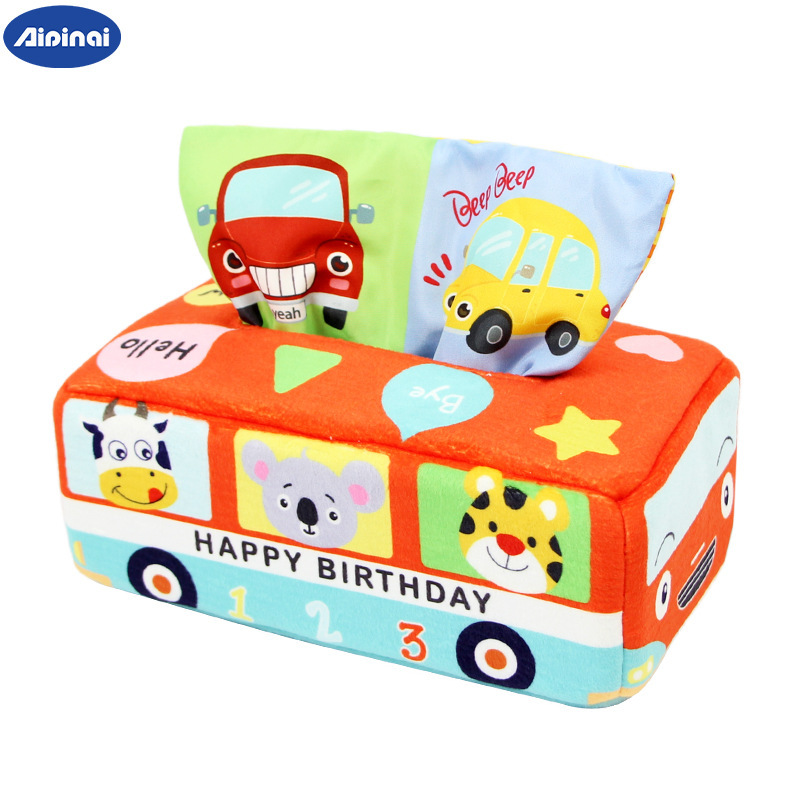 Juguete de peluche simulado de caja de pañuelos para bebés, juguete de ejercicio para los dedos de bebés.