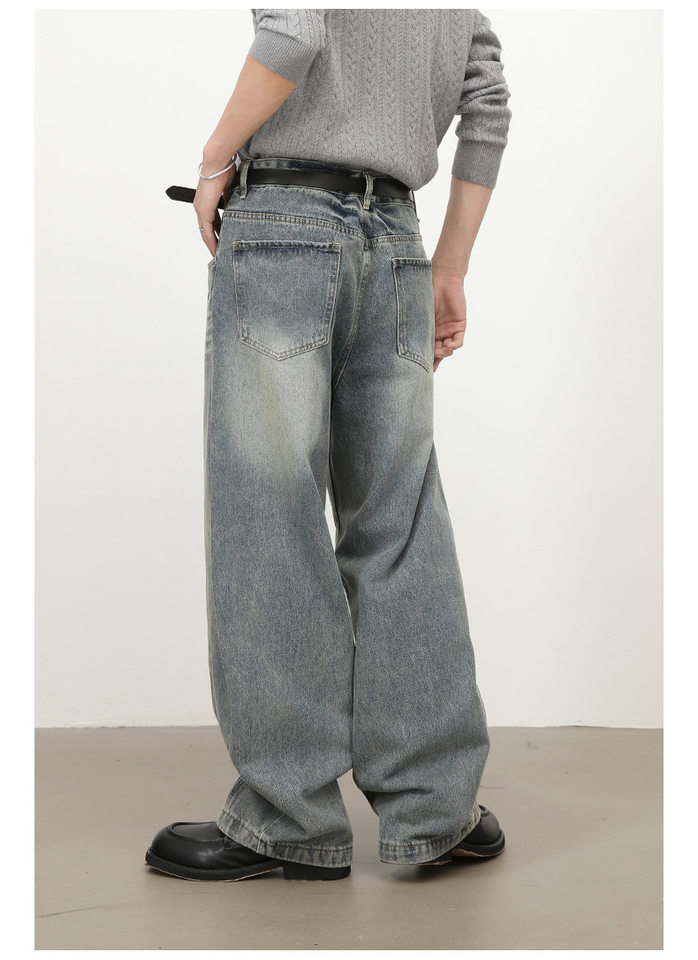 Quần jean nam ống rộng lưng giữa, dáng suông thẳng, denim mềm phong cách retro — màu xanh chi tiết 8