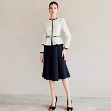春秋新款小香风时尚假两件拼色职业女士连衣裙减龄显瘦圆领伞裙OL