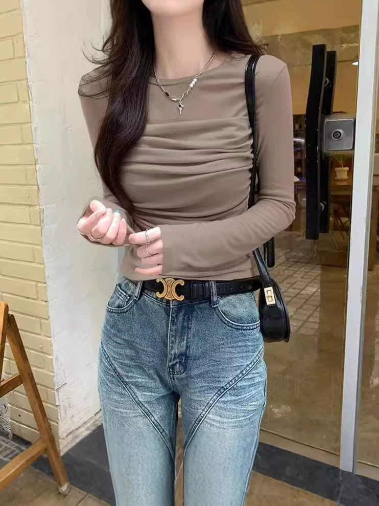 Женская футболка с длинным рукавом Slim-Fit, осенняя комфортная для тела, сборка на груди, легкая