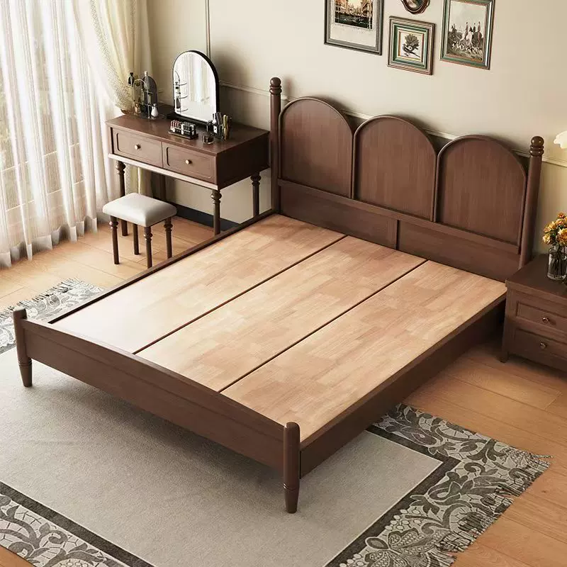 北欧实木床现代简约1.5M1.8M双人床中古风床主卧法式复古床小户型