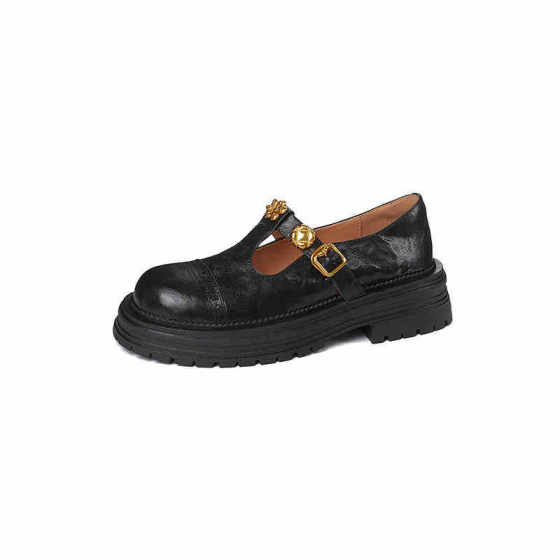 Vintage calf leather camellia thick-soled versatile loafers women's T-button single-layer shoes 2025 new round toe small leather shoes