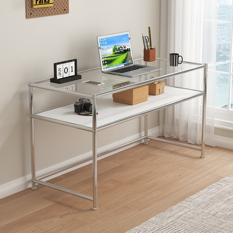Bauhaus-style desk with tempered glass top, metal minimalist office computer desk, designer long table workbench Bauhaus-style desk with tempered glass top, metal minimalist office computer desk, designer long table workbench
