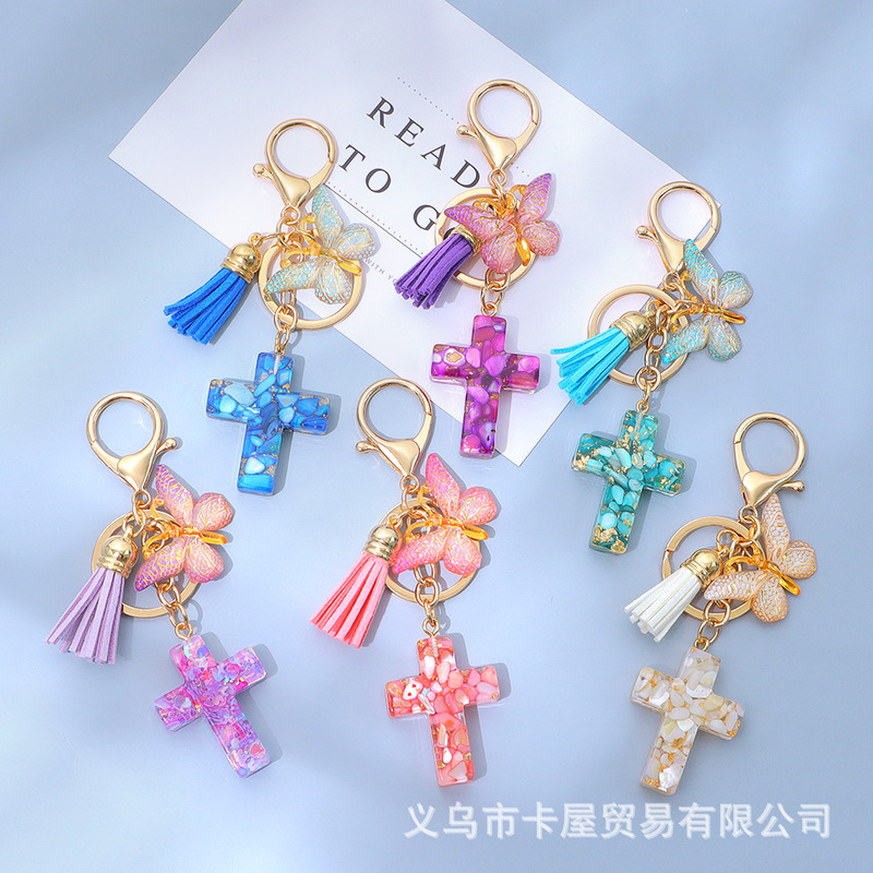 Cross border new resin cross key chain butterfly tassel stone cross pendant creative gift wholesale