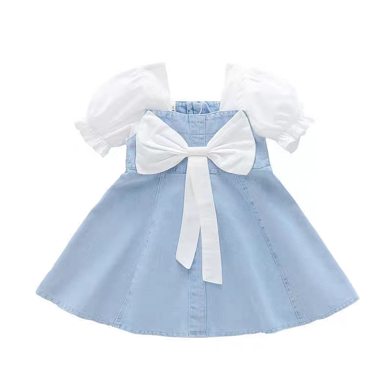 Cross-Border Ins Summer Style Puff Sleeve Cute Bow Sweet Stylish Pullover Dress for Young Girls