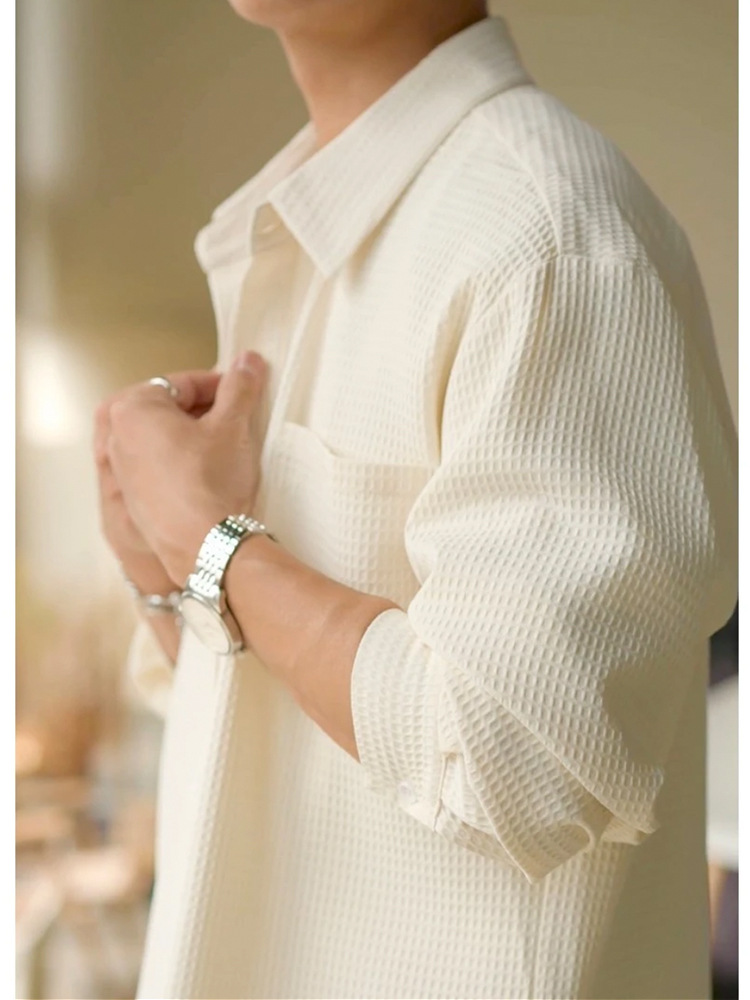 Chaqueta de solapa de waffle chaqueta de hombre primavera estilo coreano guapo de alta gama ropa de trabajo casual camisa de hombre de moda