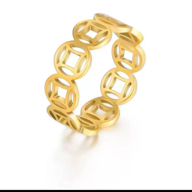 跨境钛钢饰品镂空招财铜钱转运食指钛钢戒指几何个性复古情侣戒