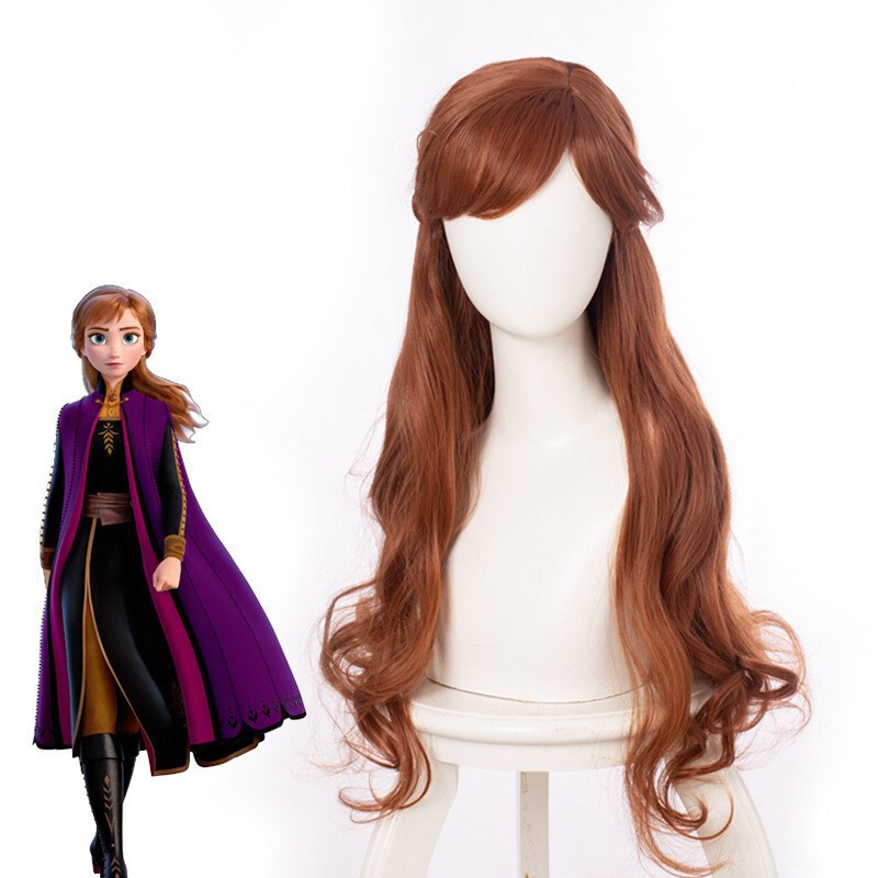 Frozen 2 Anna Princess Wig Frozen2 Brown Bangs L Side Parted Long Curly Cos Anime Wig