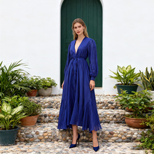 欧美优雅风深V领长袖高腰长裙2025新款女装纯色高级感简约 连衣裙