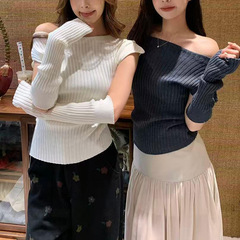 十三行韩系独特漂亮可拆卸袖套拼接斜肩上衣女装小众设计辣妹T恤