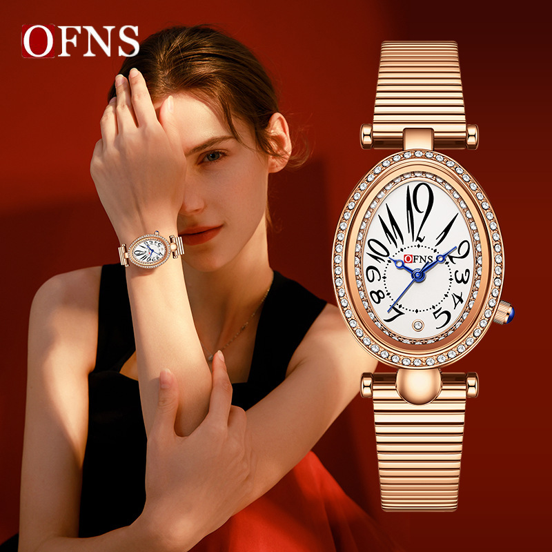 Ofns Quartz Watch with Pebble-Shaped Mother-Of-Pearl Dial and Diamond Inlay, Women's Waterproof Watch with a High-End Feel, Pigeon Egg-Shaped Oval Women's Watch Ofns Quartz Watch with Pebble-Shaped Mother-Of-Pearl Dial and Diamond Inlay, Women's Waterproof Watch with a High-End Feel, Pigeon Egg-Shaped Oval Women's Watch