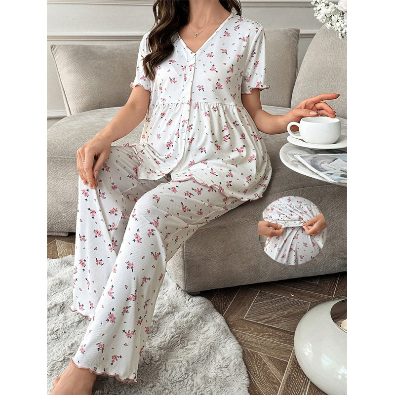 Sweet Floral Home Wear Set, New Spring and Summer Style, European and American Style, Loose Fit, Adjustable Elastic Waist, Maternity Pajamas for Women