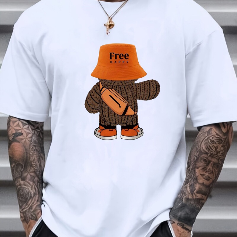 Summer Men's Pure Cotton Cartoon Bear Pattern Printed Casual Loose Sports Round Neck Short-Sleeved T-Shirt Top