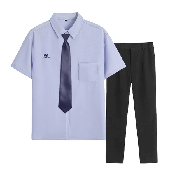 Short-sleeved boys + black trousers + navy blue tie
