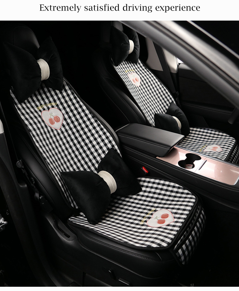 Plaid Cherry Car Cushion Four Seasons Universal Linen Single Piece Goddess Seat Cover Semi-enclosed Breathable Summer Day