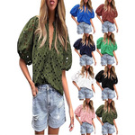 2025跨境女式夏季上衣时尚休闲灯笼袖 V 领纽扣镂空蕾丝刺绣衬衫