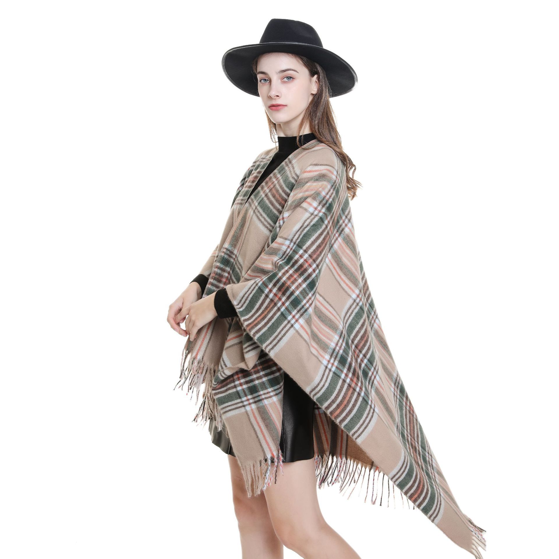 Otoño e Invierno cálido Plaid bufanda estilo británico de las mujeres del mantón la borla moda Split