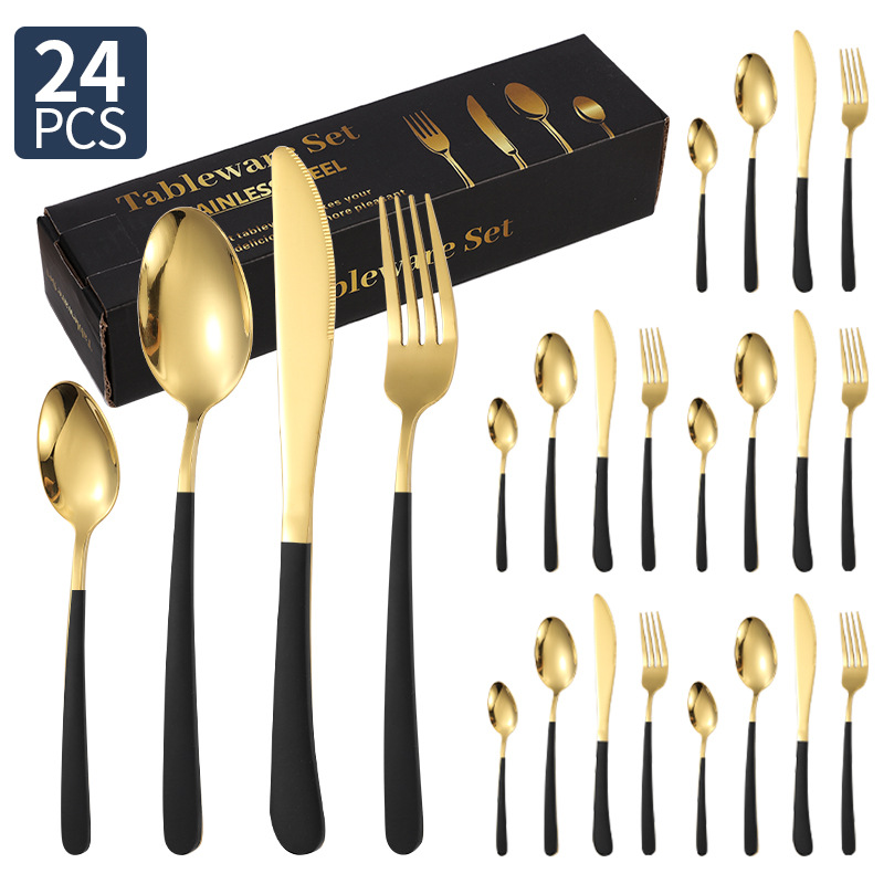 Spoon Juego de vajilla de acero inoxidable transfronterizo al por mayor de 24 piezas para el hogar elegante comida occidental Cuchillo, tenedor, cuchara, necesidades diarias