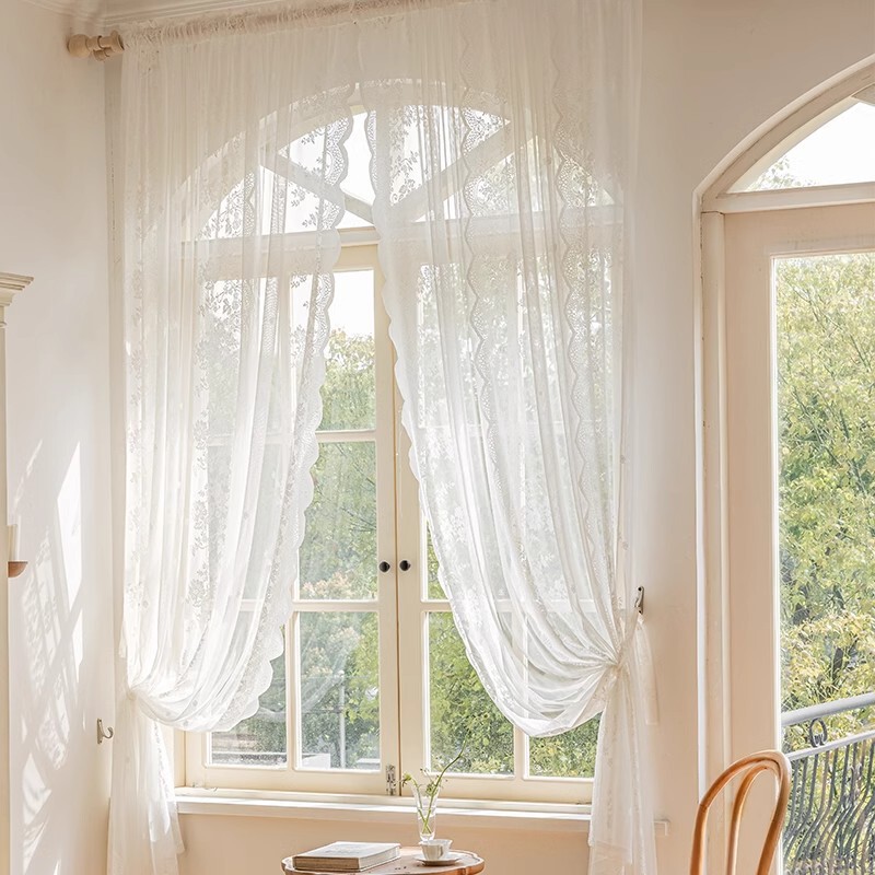 French Lace Curtains with a High-End Feel, Vintage American Country Style for Girls' Bedrooms, Bay Window No-Drill Magic Tape Door Curtain