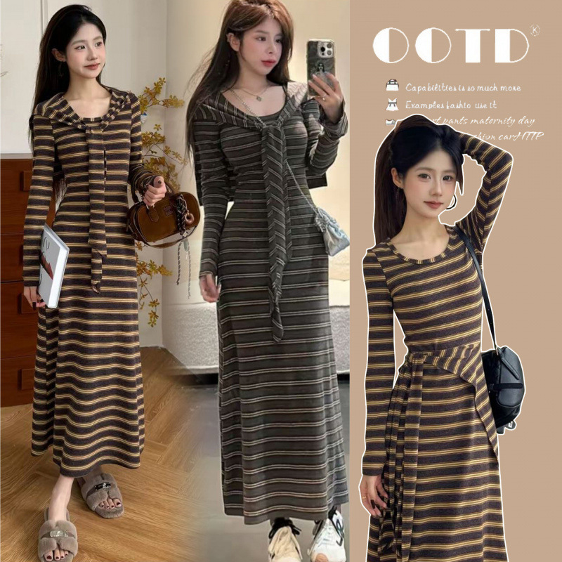 2026 Spring New Maternity Striped Shawl Waist-Cinching Slimming Long Dress Two-Piece Set