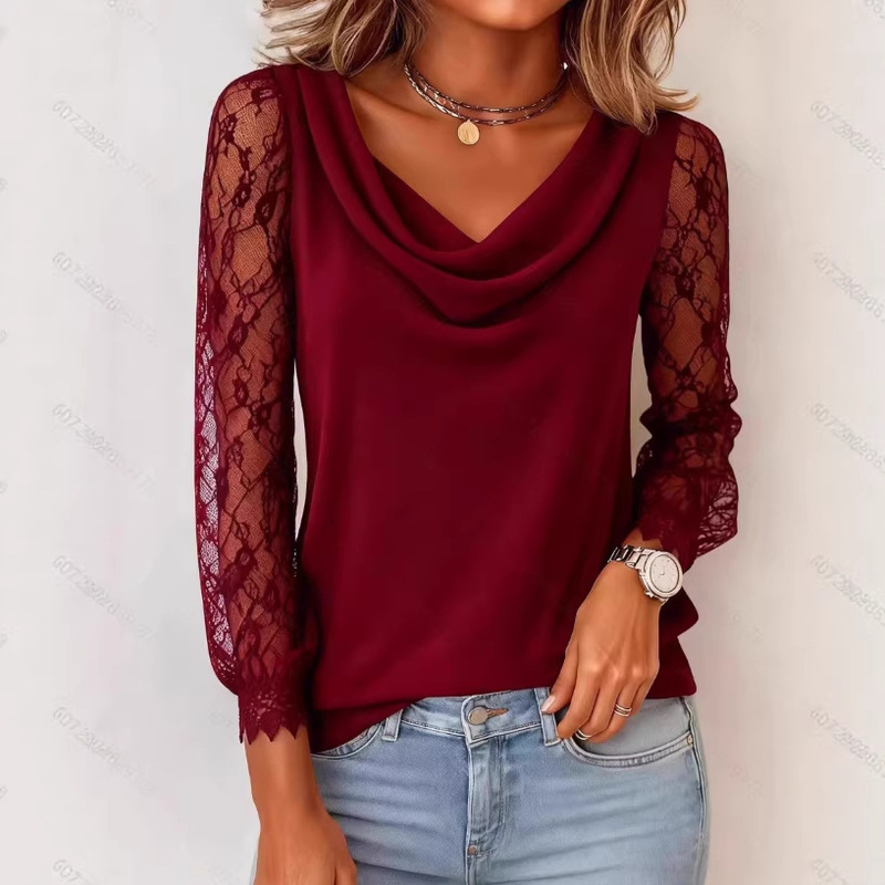 2026 Cross-Border European and American Amazon New Spring and Summer Women's Lace Patchwork Swing Collar Top T-Shirt