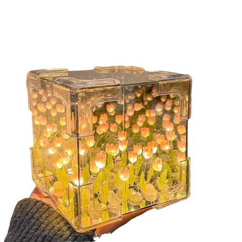 Handmade DIY Flower Sea 3D Magic Cube Tulip Night Light Kit with Rose for Girlfriend Couple Friend Gift