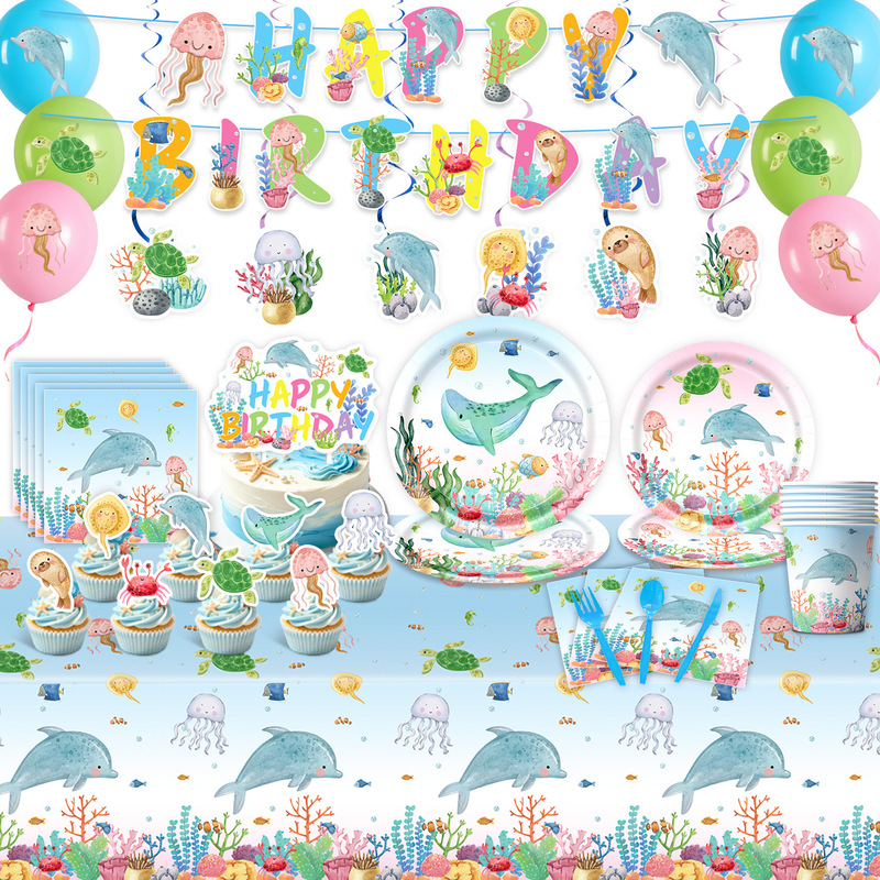 Amazon's new product: Underwater World Happy Birthday Theme Party Disposable Tableware Set with Ocean-Themed Paper Plates and Banners