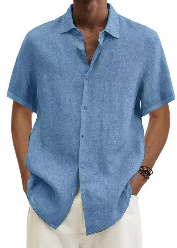 Camisa de Hombre Moderna de Verano 2025, Plataforma Independiente Wish, Éxito de Ventas en Amazon, Cuello en V, Botones, Algodón y Lino, Color Sólido