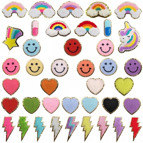 Cross-border hot selling smiley face love star lightning flash gold edge wool cloth embroidered adhesive self-adhesive patch patch