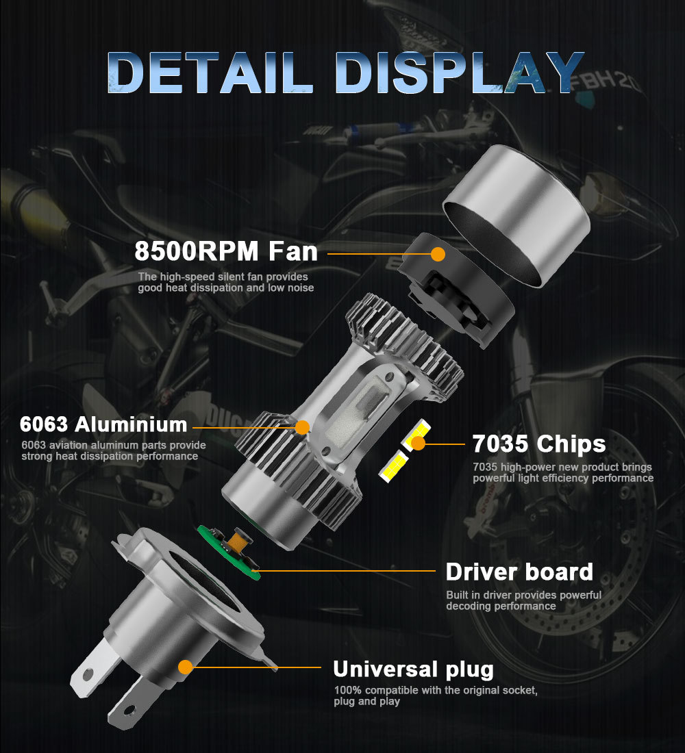 Popular Motorcycle Led Headlight M8 Electric Vehicle Light H4 Super Bright Spotlight with Built-In Direct Plug 12V Three-Prong Connector
