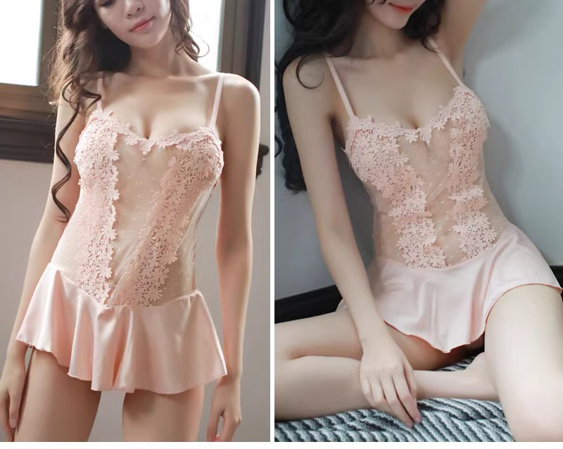 Wave-Dot Mesh Babydoll Nightgown with Thong, Sheer Sling Chemise, Pink One Size — detail image 16