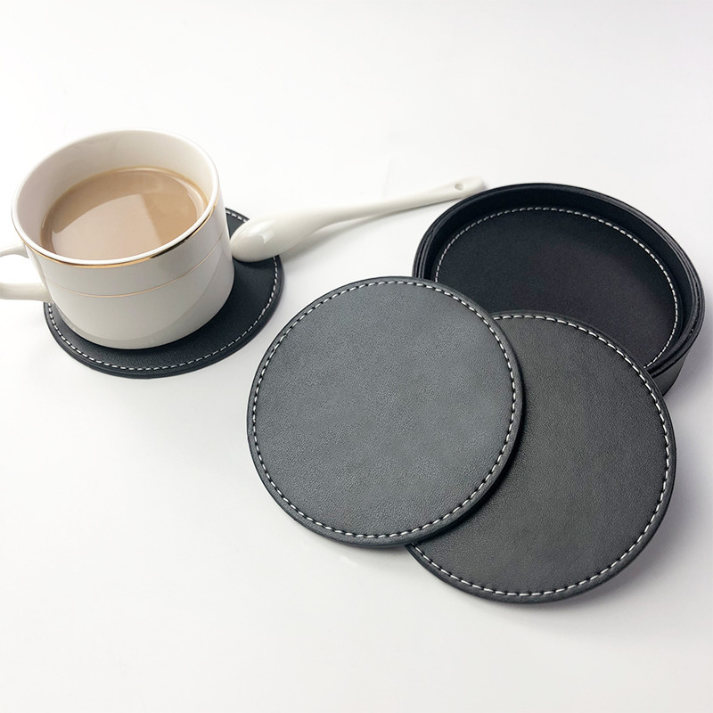 クリエイティブ家具ホテルのコースターの卸売セットは、10cmのラウンドPUのコーヒーマットのコースターの卸売を追加することができます。|undefined
