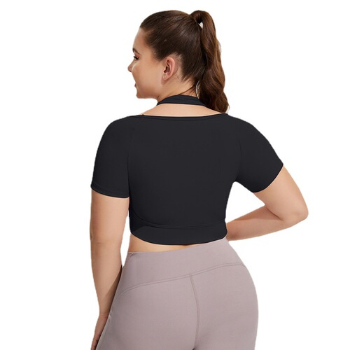 US size plus size padded crossbody yoga tops for women, running sports bras with short sleeves, fitness tops T-shirt