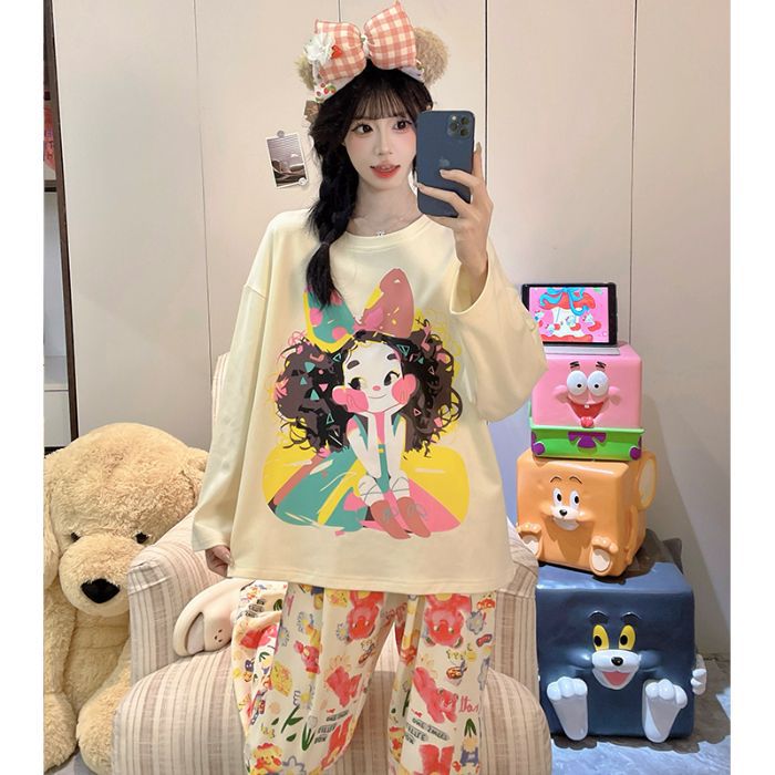 Al por mayor transfronterizo otoño nuevo pegamento de algodón de manga larga de cuello redondo pijama de mujer dibujos animados dulce ropa de estilo doméstico se puede usar