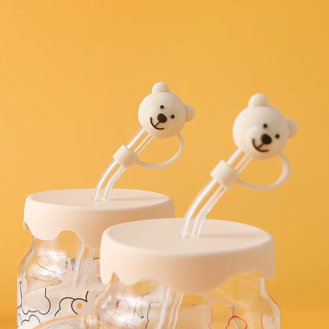 Oso de dibujos animados lindo creativo regalo de vidrio taza de paja taza de personalidad con tapa taza de leche taza de alto aspecto