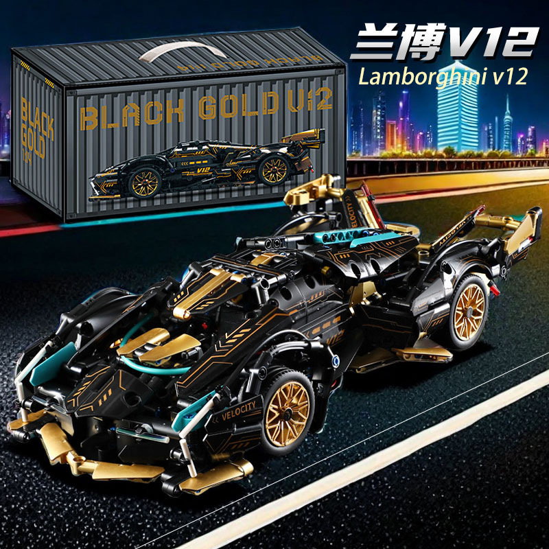 Original Manufacturer 1:14 Lamborghini Black Gold V12 Sports Car Motorcycle Building Blocks Mechanical Series Educational Assembly Toys Cross-Border