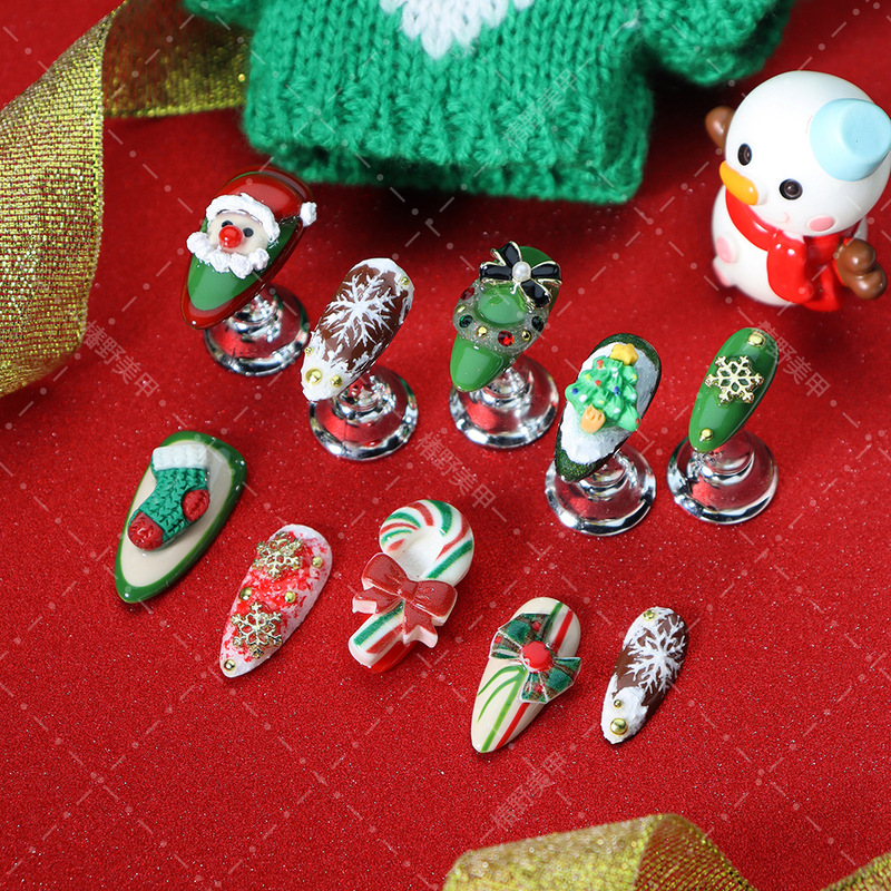 New Christmas Nail Art Decorations, European and American Style 3D Nail Art Accessories, Green Socks, Christmas Tree 3D Hand-Painted Cute Nail Pieces
