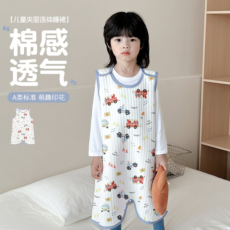 Children's Pajamas for Middle and Large Kidsren, All Year Round, Category a Pure Cotton Sleeveless Air-Conditioned Pajamas, Home Anti-Kicking and Cold Quilted Nightgown