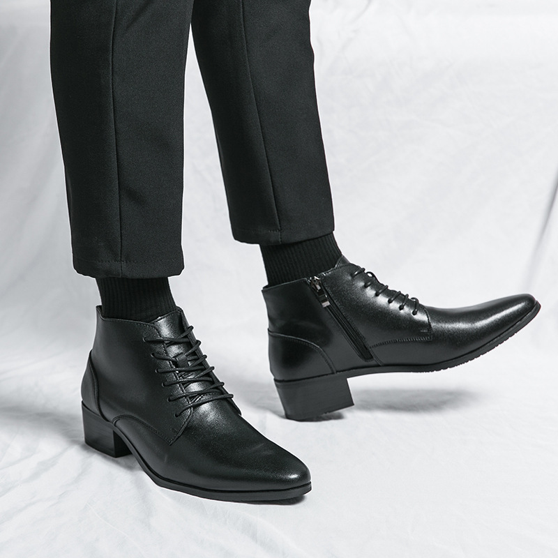 men shoes时尚系带休闲皮鞋男士纯色侧拉链高帮尖头鞋青少The New