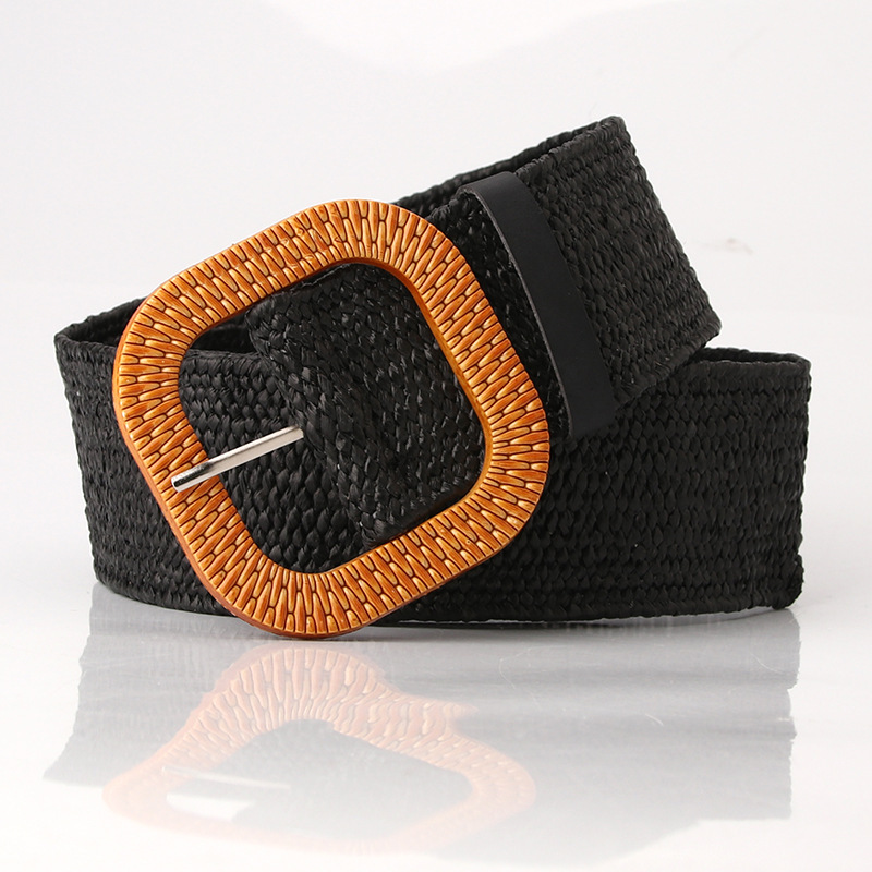 Cinturón de mujer de imitación de paja, ancho, sencillo, versátil, con hebilla redonda, estilo Mori, de algodón y lino elástico tejido, ideal para decorar vestidos._voghion.com