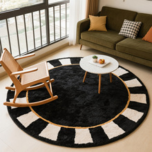 中古风圆形地毯客厅阳台休闲区短毛地垫黑色沙发茶几毯摇摇椅脚垫