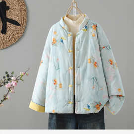 高端新中式棉麻提花双面穿棉服外套宽松立领盘扣唐装国风夹棉大码